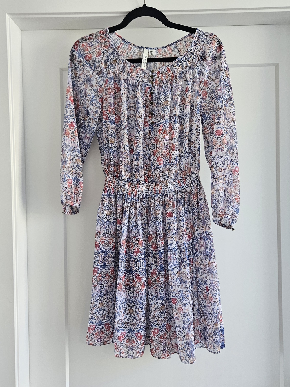 Ever New Blue & Coral Floral Long-Sleeve Smock Dress Sheer Mini Size Small